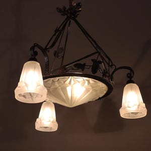 Antique French Art Deco Chandelier with Frosted Glass and Iron Signed by Degué