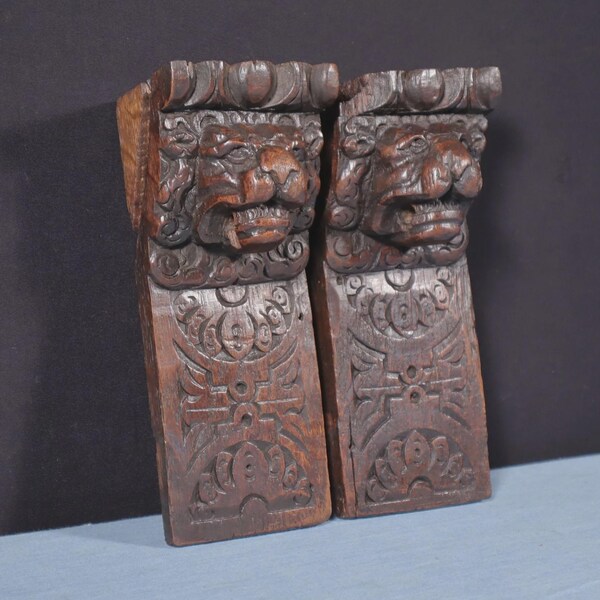 Pair of 8" French Antique Highly Carved Lion Corbels/Trim/Brackets Solid Oak