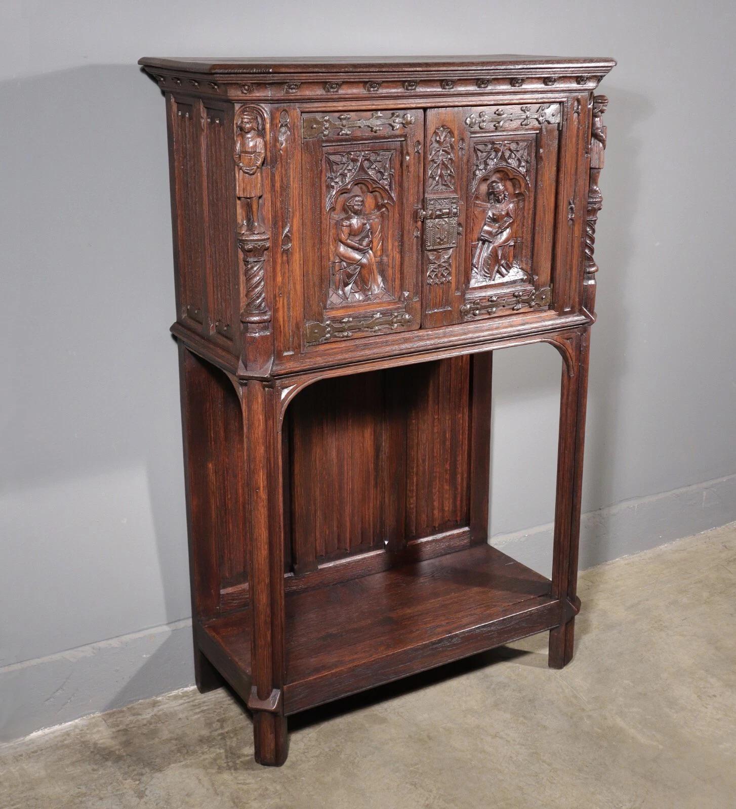 Antique French Gothic Revival Cabinet Highly Carved in Oak Wood W