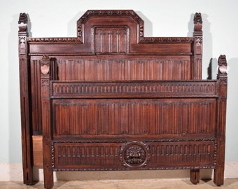 Antique French Neo Gothic Headboard and Footboard in Solid Oak Wood w/Lions