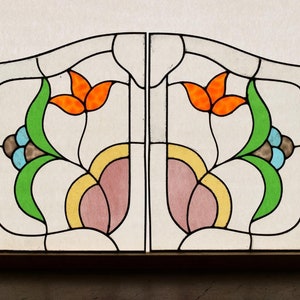 Pair of Vintage French Stained Glass Panels with & Leaded Glass, Beveled Glass