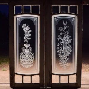 Pair of Antique French Etched Glass Windows Frosted Glass with Cherubs