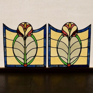 19&quot; Tall Pair of Vintage French Art Deco Stained Glass Panels with Flowers