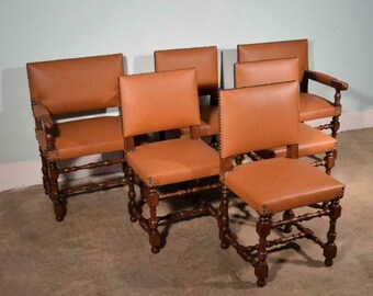 Set of 6 Antique French Renaissance Revival Oak and Vinyl Chairs w/Armchairs
