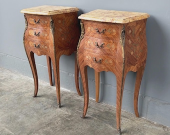Pair of 30" Tall Antique French Louis XV Inlayed Nightstands with Marble Tops