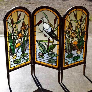 Antique French Art Nouveau Stained Glass Tri-Fold Screen with Stork and Flowers