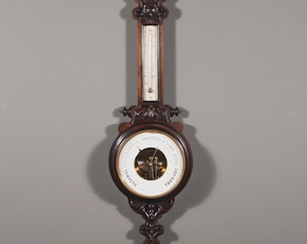 32" Tall Antique French Barometer Weather Station in Solid Walnut Wood