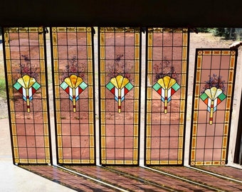 Set of 5 Antique Stained/ Leaded Glass Panels with Hand Painted Flowers