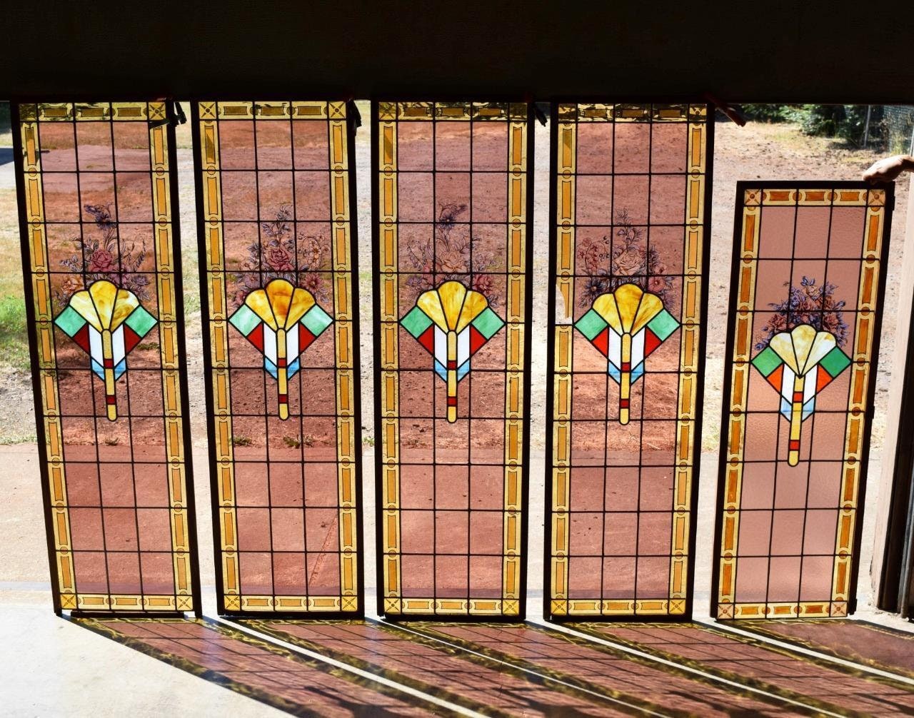 Set of 5 Antique Stained/ Leaded Glass Panels With Hand Etsy