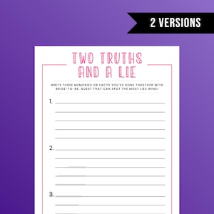 Two Truths and a Lie, Bridal Shower Game, Wedding Shower Game, Hen Party, Instant Download
