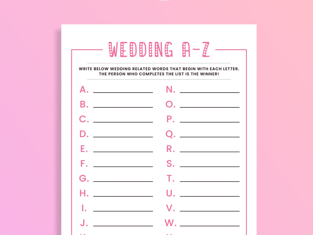 Wedding A-Z Game, Printable Bridal Shower Game, Minimalist Alphabet ...