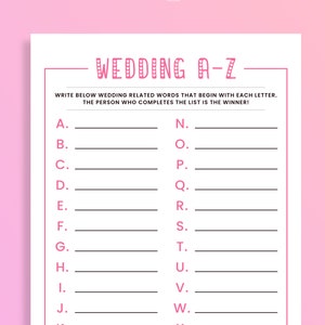 Wedding A-Z Bridal Shower Game: Printable Alphabet Activity (Instant Download)