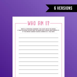 Who Am I Bridal Shower Game: Memory with the Bride (Printable, Instant Download)