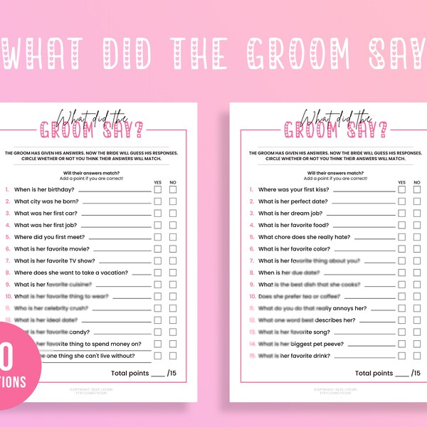 What did the Groom Say? Bridal Shower Games, Hen Party Games, Bridal Trivia Shower Game, Virtual Bridal Shower