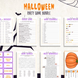 Pacote de jogos de festa de Halloween | Jogos de Halloween para crianças e adultos | Curiosidades sobre o Dia das Bruxas | Charadas de Halloween | Imprimível