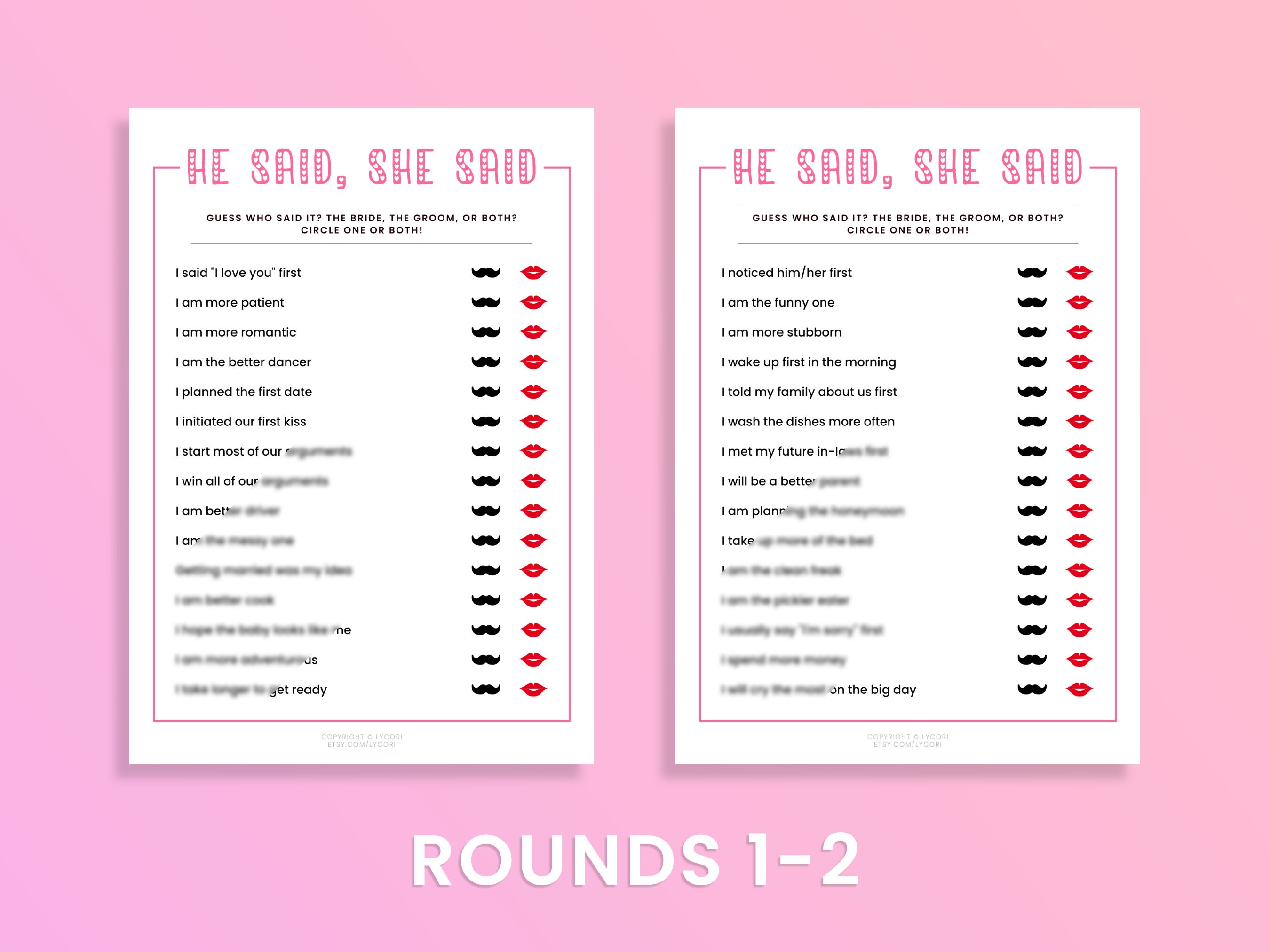 He Said She Said Game, Bridal Shower Game, Printable He Said She Said ...