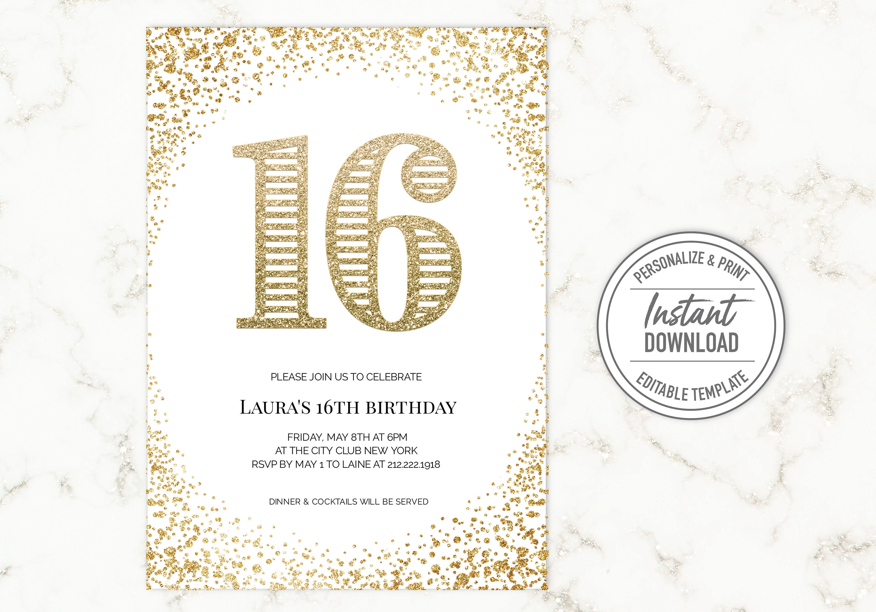 Druckbare 16. Geburtstag Einladung Gold Glitter bearbeitbare Etsy.de