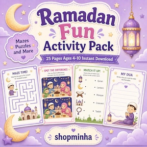 Peut inclure: Un pack d'activités Ramadan Fun coloré avec des labyrinthes, des puzzles et plus encore. Le pack comprend 25 pages pour les enfants de 4 à 10 ans, avec des activités telles que repérer les différences, associer et écrire une dua. Le design comprend des illustrations de mosquées, de croissants de lune et de lanternes.