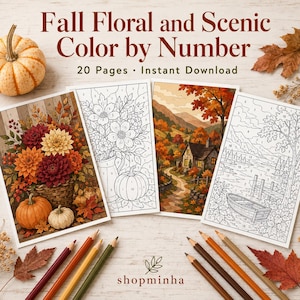 May include: A collection of 20 Fall Floral and Scenic Color by Number pages featuring autumn themes like pumpkins, flowers, and landscapes. The set includes coloured examples and line art, accompanied by coloured pencils and dried leaves.