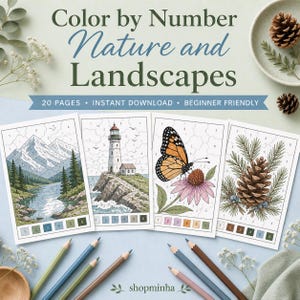 May include: Color by Number Nature and Landscapes coloring pages. The image shows four pages with nature scenes: a mountain landscape, a lighthouse, a butterfly on a flower, and a pine cone. Colored pencils are arranged at the bottom. The text says "20 pages, instant download, beginner friendly."