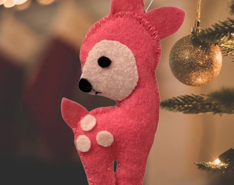 Felt Pink Bambi Reindeer Christmas Tree Holiday Ornament, Christmas Ornament Handmade, Christmas Blush Ornament, Christmas Ornaments 2023
