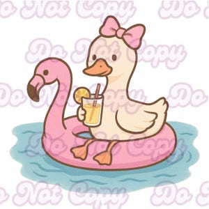 May include: A cartoon illustration of a duck wearing a pink bow, floating on a pink flamingo pool float. The duck is holding a glass of juice with a lemon slice and a straw. The water is light blue.
