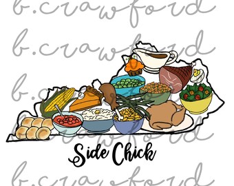Könnte beinhalten: Eine Cartoon-Illustration eines Thanksgiving-Abendessens in Form des Bundesstaates Virginia. Das Essen umfasst einen Truthahn, Kartoffelpüree, Soße, Mais auf der Kolbe, grüne Bohnen, Füllung, Brötchen und einen Kürbiskuchen. Der Text "Side Chick" steht unter dem Essen.