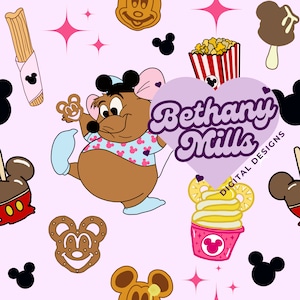 May include: A seamless pattern featuring a cartoon mouse wearing a pink and blue outfit, surrounded by various Disney-themed food items, including Mickey Mouse pretzels, churros, popcorn, ice cream, and Mickey Mouse ears. The text "Bethany Mills DIGITAL DESIGNS" is displayed in a purple heart shape.