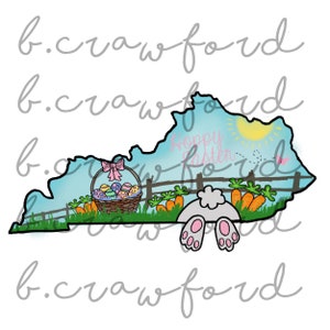 May include: A cartoon illustration of a bunny rabbit peeking out from behind the outline of the state of Kentucky. The bunny is white with pink ears and feet. The state outline is filled with a blue sky, green grass, a fence, a basket of Easter eggs, and the words "Happy Easter".