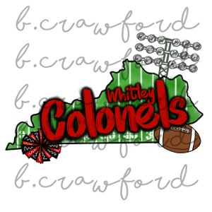 May include: A digital graphic featuring a green outline of a state with the words "Whitley Colonels" in red. A football, a pom-pom, and stadium lights are also included in the design. The background is white.