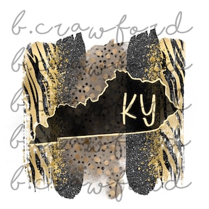 May include: Black and gold digital illustration of the state of Kentucky with the letters "KY" in gold. The background is a mix of black, gold, and brown zebra and leopard print patterns.