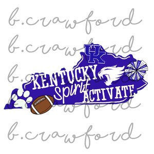 May include: A blue outline of the state of Kentucky with the words "Kentucky Spirit Activate" in white text. The outline includes a football, a paw print, a cheerleader's pom-pom, and a Wildcat mascot.