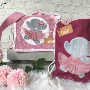 Set - Rucksacktasche - Turnbeutel - Kindergartentasche - Kindertasche - Sportbeutel - Elefant Ballerina - Mädchen - Tragetasche Tasche rosa
