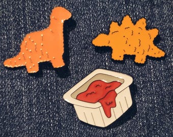 Pin Set - 3 piece - Enamel Metal Badge Pin Hat Pin Pins - Chicken Dino Nuggies