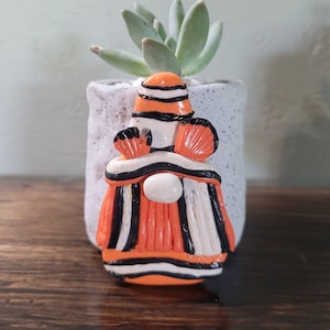 May include: Orange and black striped gnome with a white beard, sitting in a white planter with a green succulent plant.