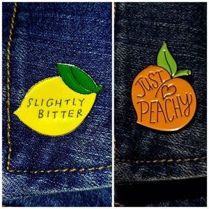 Pin Set - 2 piece - Enamel Metal Badge Pin Hat Pin Pins - Slightly Bitter and Just Peachy Lemon and Peach Fruit Pins