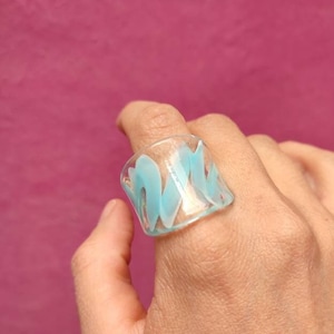 Vintage Greek island ring Wave ring Hand blown glass ring Y2K rings Chunky ring Statement ring Transparent ring Light blue ring Summer Ring