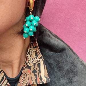 Vintage cluster earrings for pierced ears Dangle drop cluster earrings Turquoise grape earrings Timeless elegance looks Handmade beaded Vtg image 6
