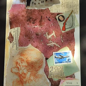 Collage originale fatto a mano con tecniche miste Collage di arte astratta bizzarra Arte strana Collage analogico Caricatura Studio della testa di un vecchio Da Vinci