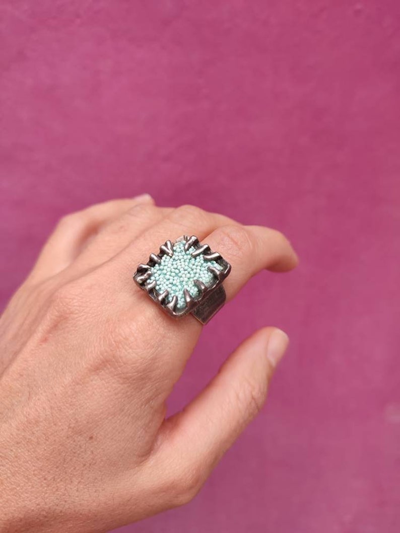 Vintage handmade adjustable ring Modern square ring Bohemian style ring Granule ring Geometric ring A great gift for her Chunky ring Retro image 3