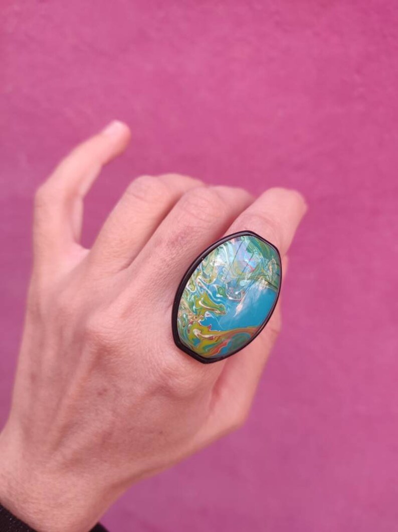 vintage Map ring Chunky coloré en plastique bague Abstract Atlas ring Taille US 7 Déclaration funky bague Blue esthétique bague Bijoux Y2K pour femmes image 2