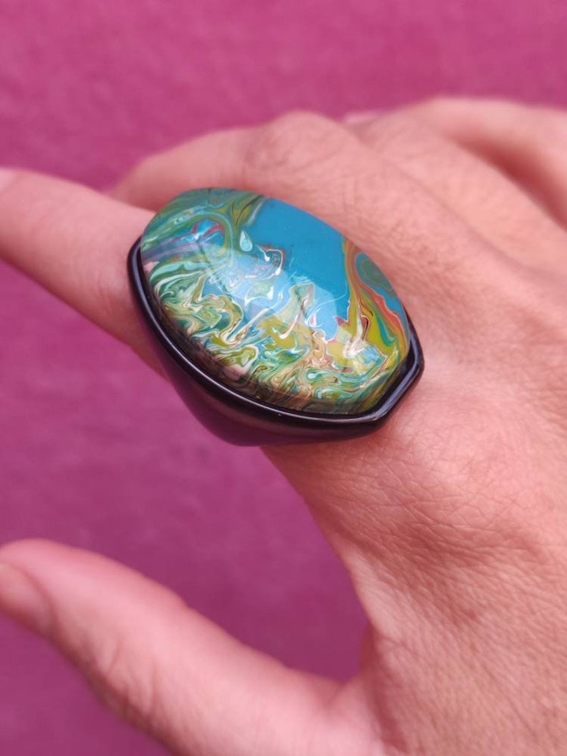 vintage Map ring Chunky coloré en plastique bague Abstract Atlas ring Taille US 7 Déclaration funky bague Blue esthétique bague Bijoux Y2K pour femmes image 9