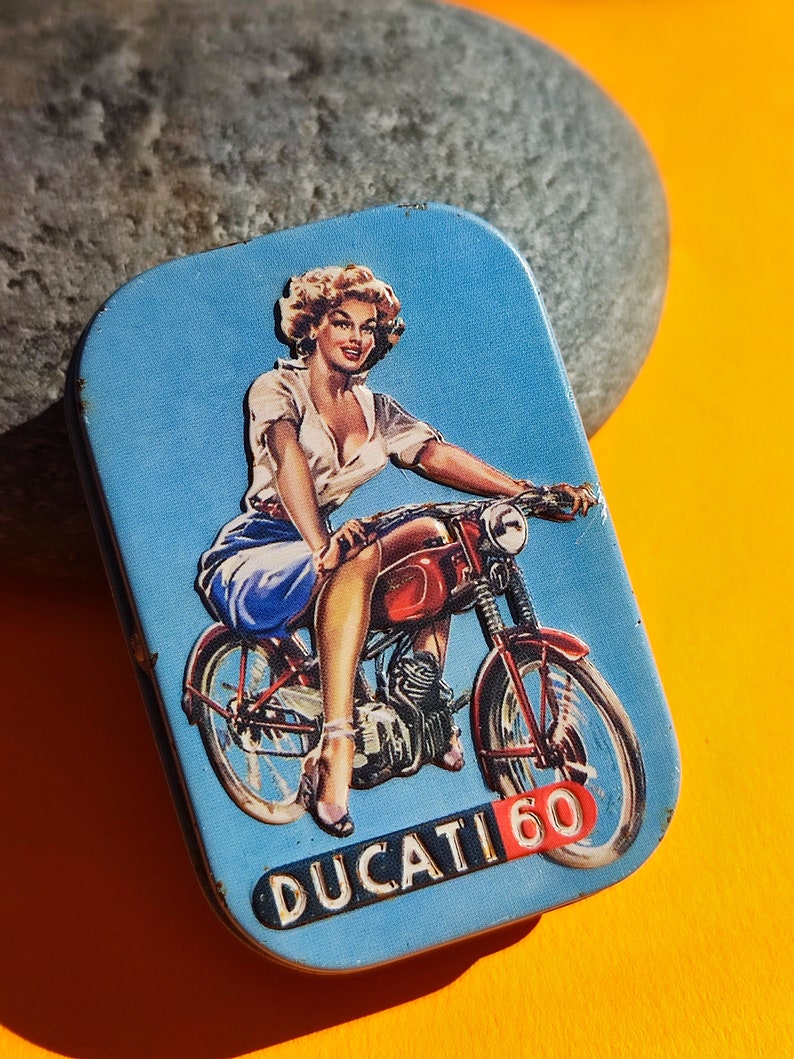 Vintage DUCATI 60 mint box Miniature tin box Nostalgic retro motorcycle Ducati Cucciolo Motorcycle Lovers accessories Ducati memorabilia image 1