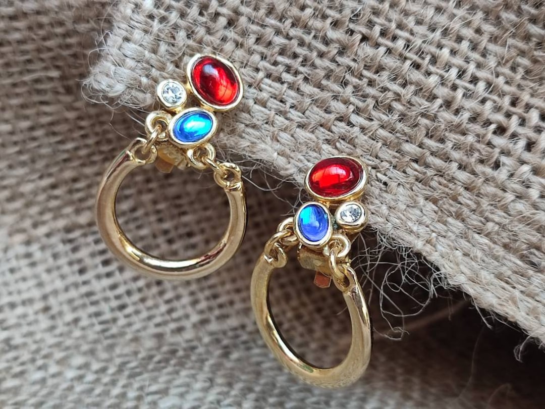 Vintage Colourful Clip on Earrings Glass Crystal Earrings Gold Tone
