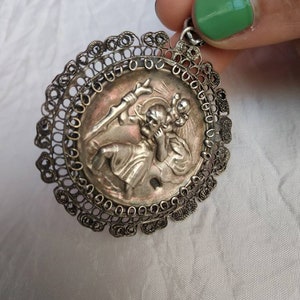 Silver Catholic pendant St Christopher Religious pendant Traveler talisman Relief silver plated Filigree pendant