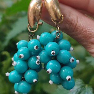 Vintage cluster earrings for pierced ears Dangle drop cluster earrings Turquoise grape earrings Timeless elegance looks Handmade beaded Vtg image 5