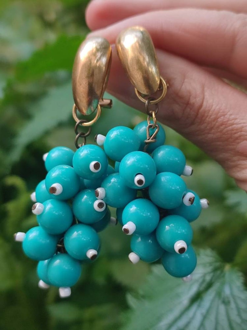 Vintage cluster earrings for pierced ears Dangle drop cluster earrings Turquoise grape earrings Timeless elegance looks Handmade beaded Vtg image 5