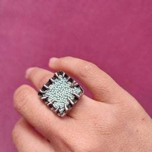 Vintage handmade adjustable ring Modern square ring Bohemian style ring Granule ring Geometric ring A great gift for her Chunky ring Retro image 6