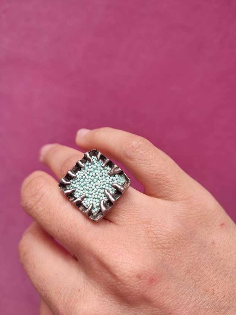 Vintage handmade adjustable ring Modern square ring Bohemian style ring Granule ring Geometric ring A great gift for her Chunky ring Retro image 6