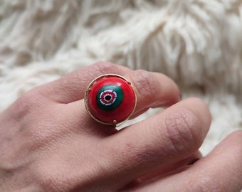 Vintage red enamel ring Flower enamel ring Red and green colour ring Adjustable size ring Romantic touch fine jewelry Gift idea Domed ring